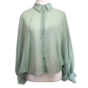 ZARA PASTEL MINT SHEER CHIFFON DOLMAN SLEEVE CROPPED BUTTON DOWN SHIRT -XS